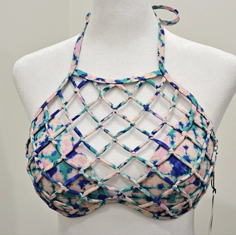 NWT Shade & Shore Macrame' Adjustable Bikini Halter Top (32 C), Tie Dye
